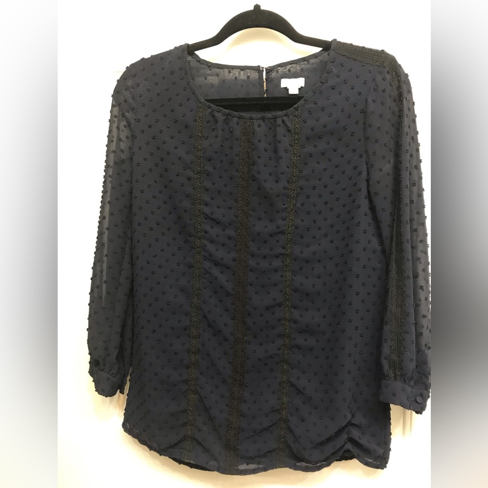 J Crew bohemian shirt, navy blue with black lace, lined, excellent condition